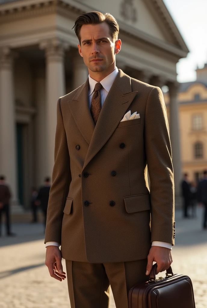 European man in 1930s clothing, well dressed in clothes with varied combinations of brown
