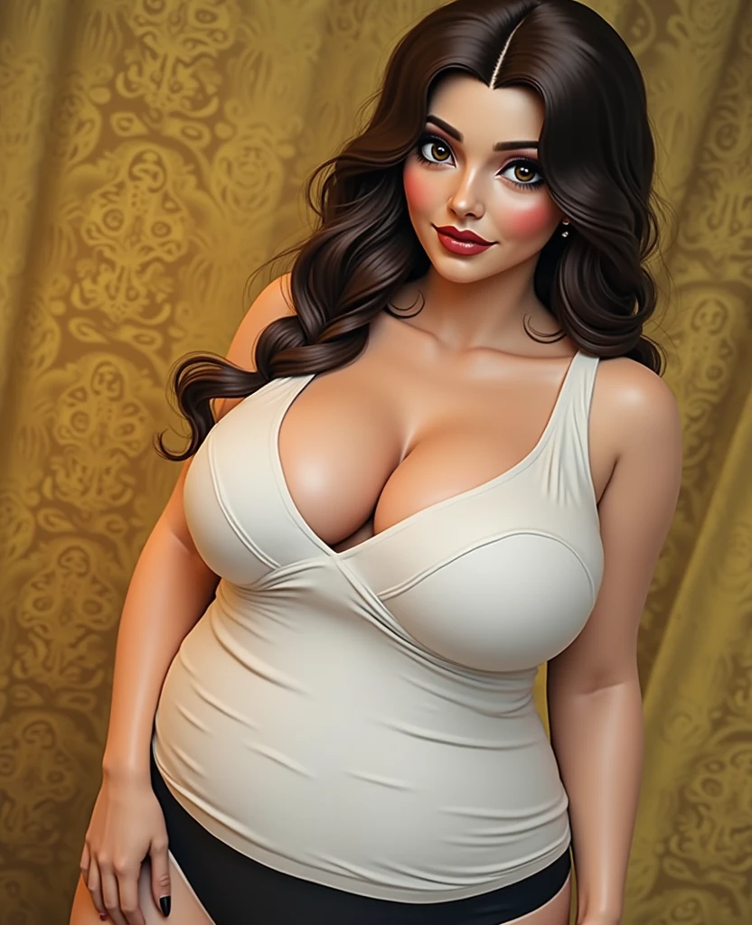 chubby girl, nude, naked, very large breasts, long wavy Habana brown hair, front camera shot, highly detailed face, beautiful detailed eyes, beautiful detailed lips, extremely detailed eyes and face, long eyelashes, hyper realistic, photorealistic, realistic skin texture, (best quality,4k,8k,highres,masterpiece:1.2),ultra-detailed,(realistic,photorealistic,photo-realistic:1.37),HDR,UHD,studio lighting,ultra-fine painting,sharp focus,physically-based rendering,extreme detail description,professional,vivid colors,bokeh,full body,tall girl, huge saggy breasts, round ass, long brown braid, wearing only a black thong