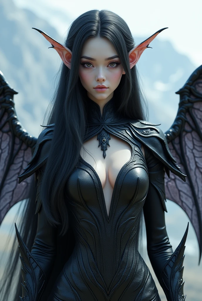 A fae female with not so long ears that has human features with lilac eyes and white skin with long silky black hair with a pair of bat wings behind her back with a light mountain background dressed in black armor with equally black scales. 