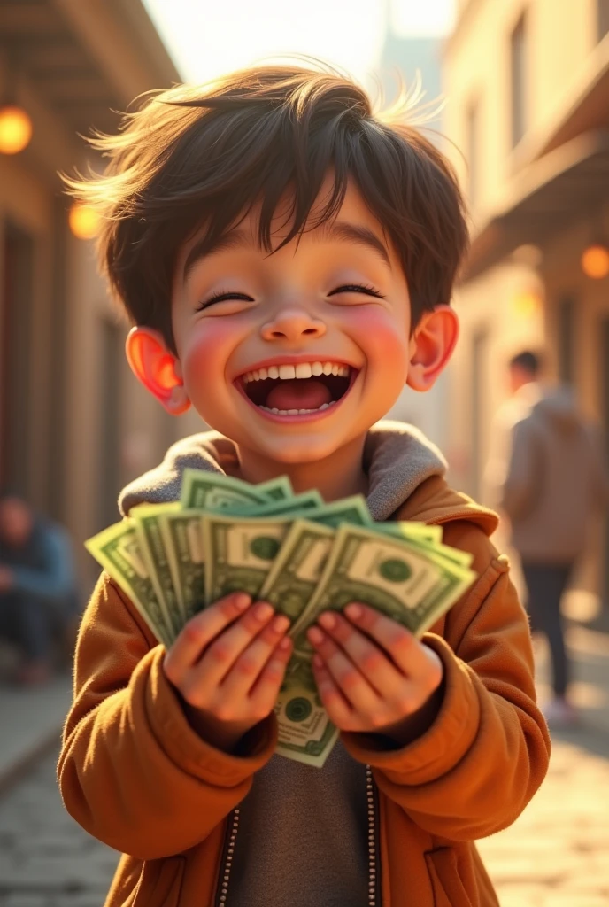 The boy have a money his face smile