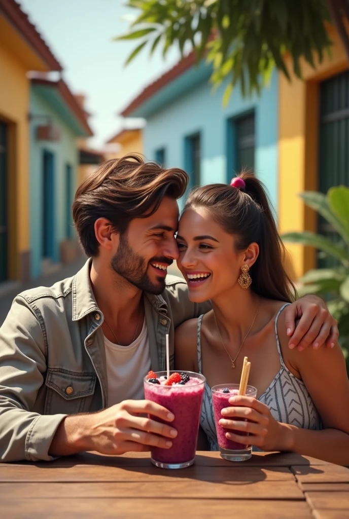 Realistic Man and Girlfriend 25-35 years old, in Maceió Brazil eating açaí in a cup , ultra HD, high qualiy, best qualityer, high resolution, 8k, 16K