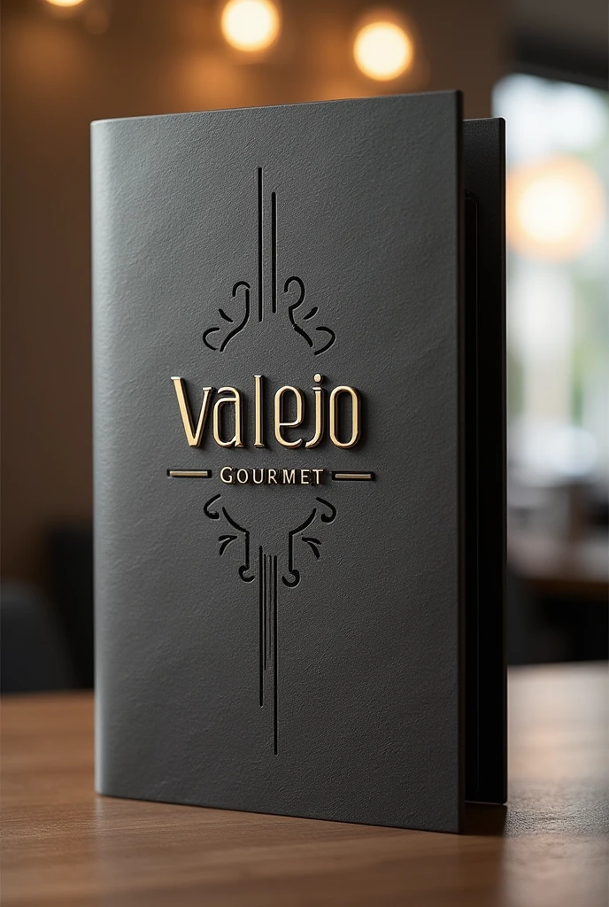 make a menu cover with the name “Valejo Gourmet” very modern,flashy and delicate