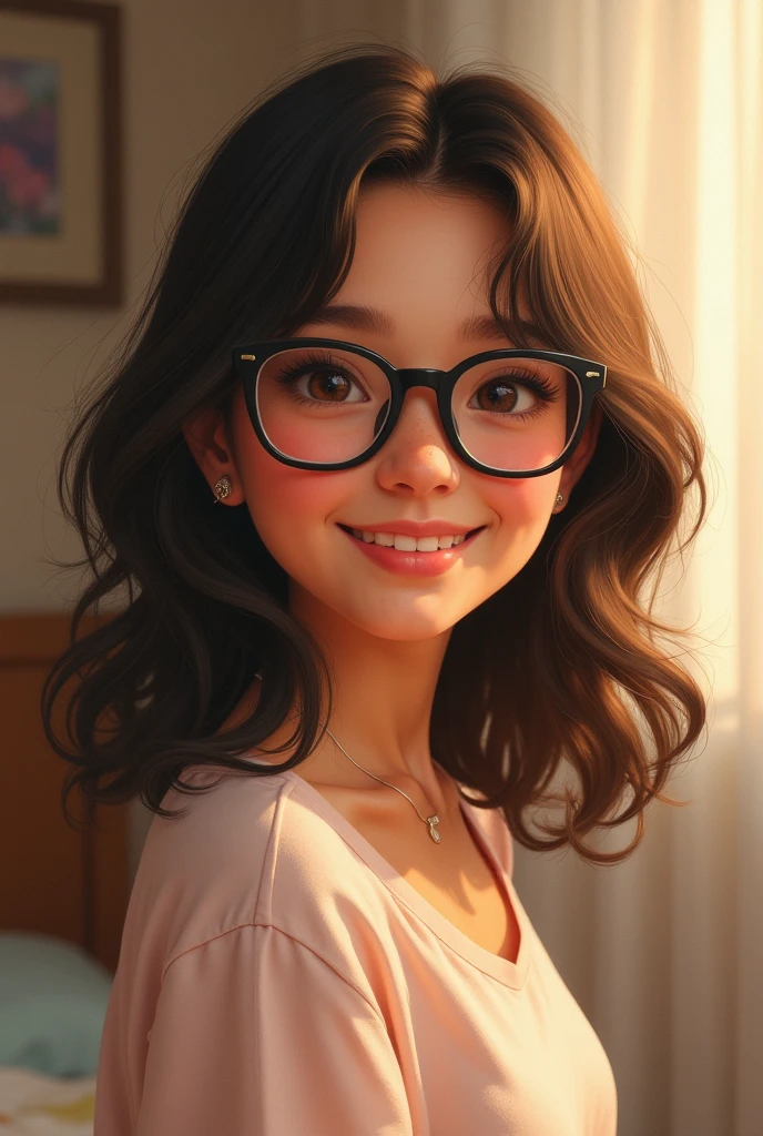 A 32-year-old mother,  who wears black glasses, young appearance, medium short brown hair not so dark and cut in layers. Very kind and affectionate