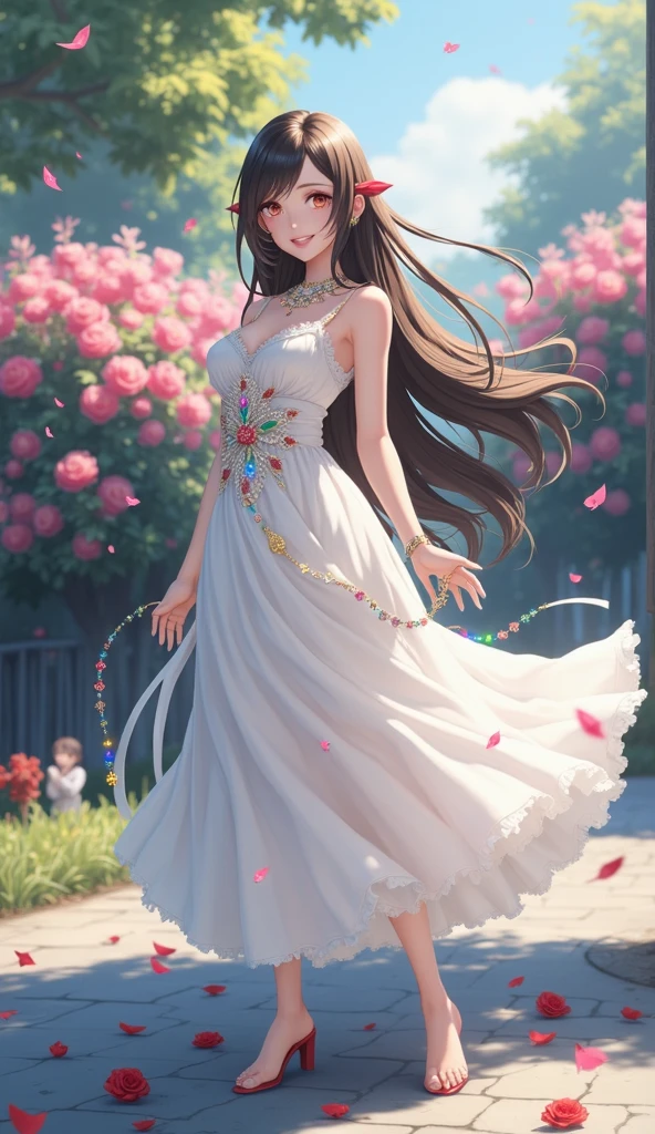 (masterpiece、Highest quality、8k、High resolution)、(One female、Beautiful Face、Beautiful eyes、Beautiful lips、Beautiful nose)、smile、The white upper teeth are faintly visible、Brown-black hair、(The best girl in anime)、garden、blue sky、Colorful flowers are blooming、Vibrant colors、Red roses are beautiful、(Body、whole bodyから神秘的な光の粒子、Colorful light particles、A mysterious light glowing around the head)、melt、jewelry、necklace、dress、(whole body)、Highly detailed anime art、A complete portrayal、