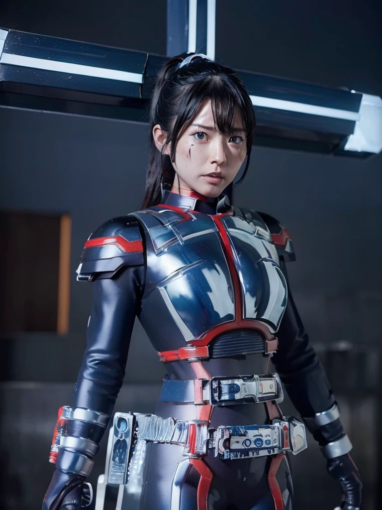 Highest quality,masterpiece,Ultra-high resolution, Very detailed, 8k,(Beautiful woman),Beautiful 25-year-old Japanese woman:1.5,Black hair ponytail、((Crucifixion)),torture,slave,((クロスにCrucifixionにされた女性:1.5)),Crucifixion刑,(((Shiny blue and white futuristic hero suit))), (Blue and white shiny hero suit, Big Breasts、Voluptuous body)、Torn Costume、(((Dirty outfit)))、((Torn Costume)), ((Scream with a look of pain)), (((A body covered in scars))),