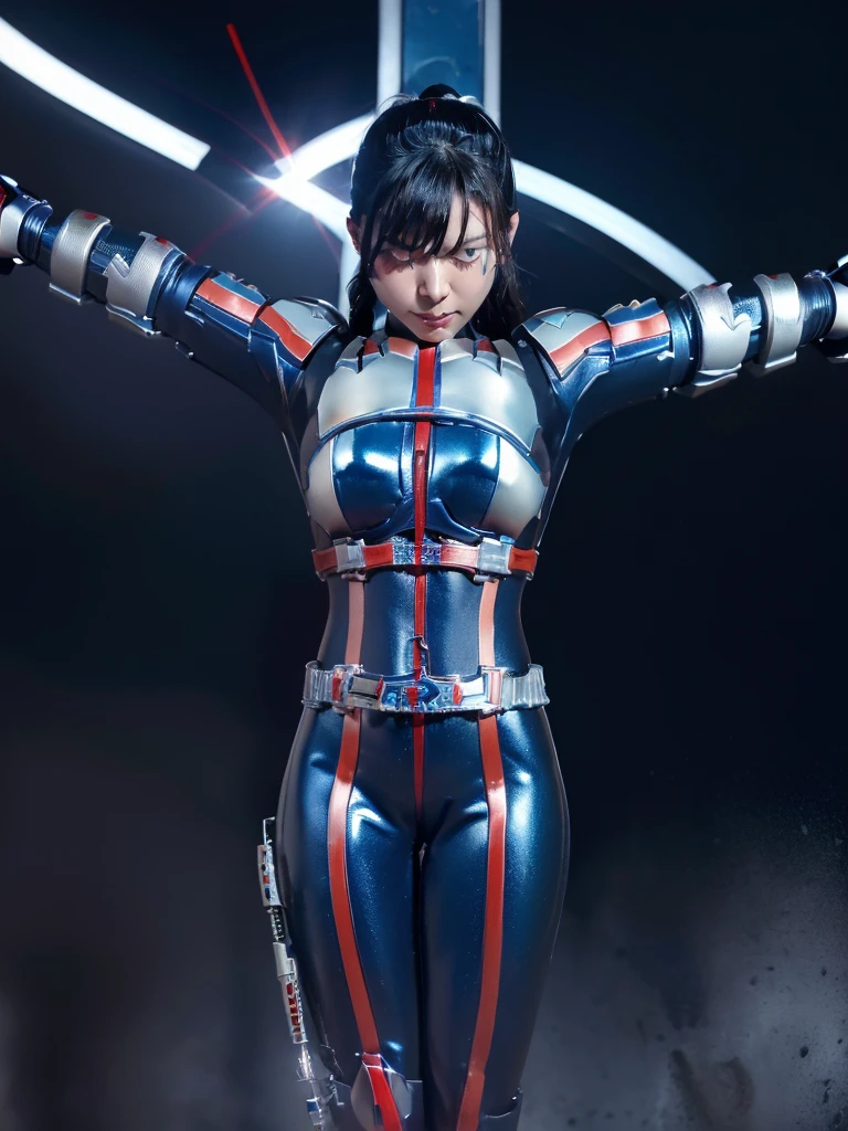 Highest quality,masterpiece,Ultra-high resolution, Very detailed, 8k,(Beautiful woman),Beautiful 25-year-old Japanese woman:1.5,Black hair ponytail、((Crucifixion)),torture,slave,((クロスにCrucifixionにされた女性:1.5)),Crucifixion刑,(((Shiny blue and white futuristic hero suit))), (Blue and white shiny hero suit, Big Breasts、Voluptuous body)、Torn Costume、(((Dirty outfit)))、((Torn Costume)), ((Scream with a look of pain)), (((A body covered in scars))),