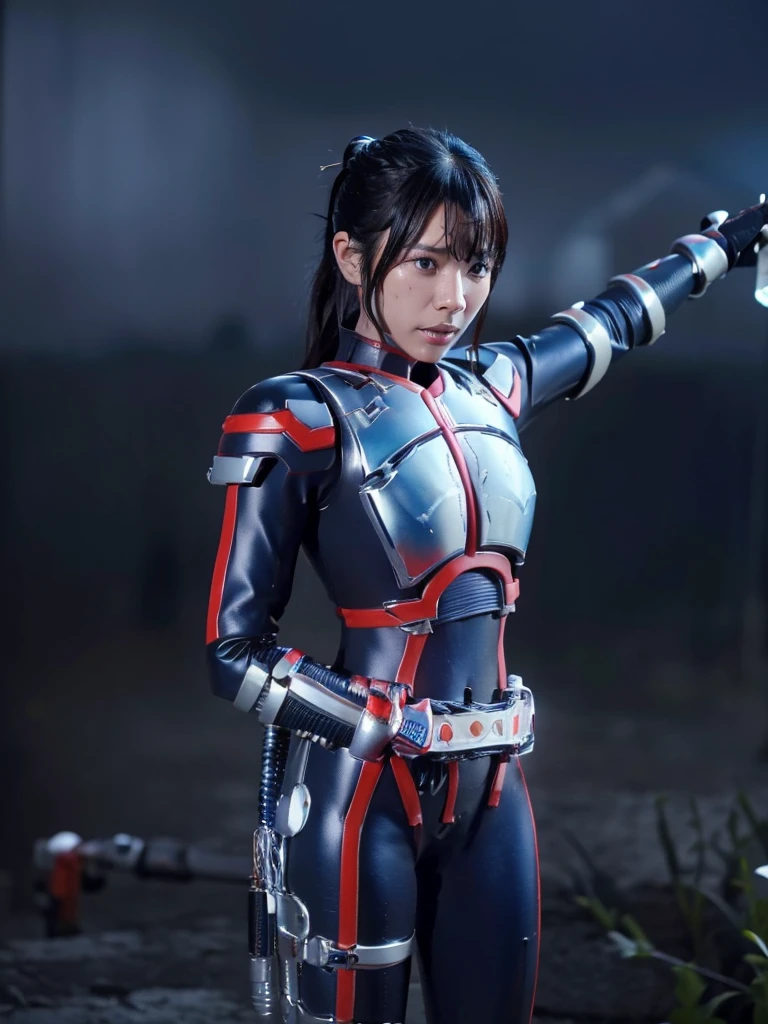 Highest quality,masterpiece,Ultra-high resolution, Very detailed, 8k,(Beautiful woman),Beautiful 25-year-old Japanese woman:1.5,Black hair ponytail、((Crucifixion)),torture,slave,((クロスにCrucifixionにされた女性:1.5)),Crucifixion刑,(((Shiny blue and white futuristic hero suit))), (Blue and white shiny hero suit, Big Breasts、Voluptuous body)、Torn Costume、(((Dirty outfit)))、((Torn Costume)), ((Scream with a look of pain)), (((A body covered in scars))),