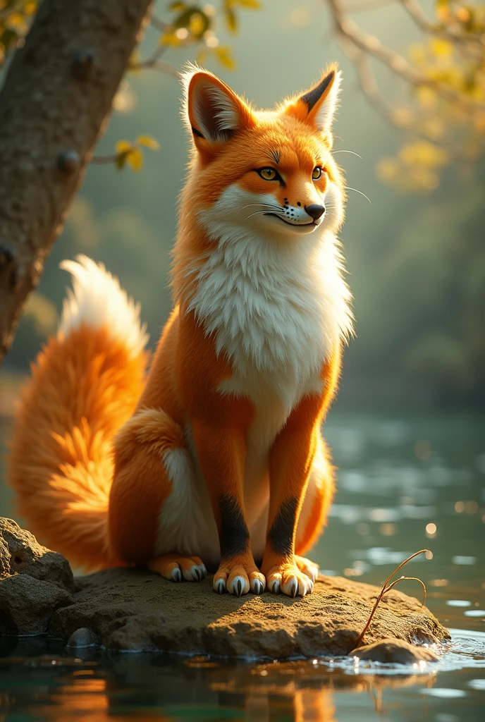 Create an image of a mythological creature that has these characteristics: 
- that it has feathers - that it has a fox tail - that it is big - that it transmits calm and tranquility