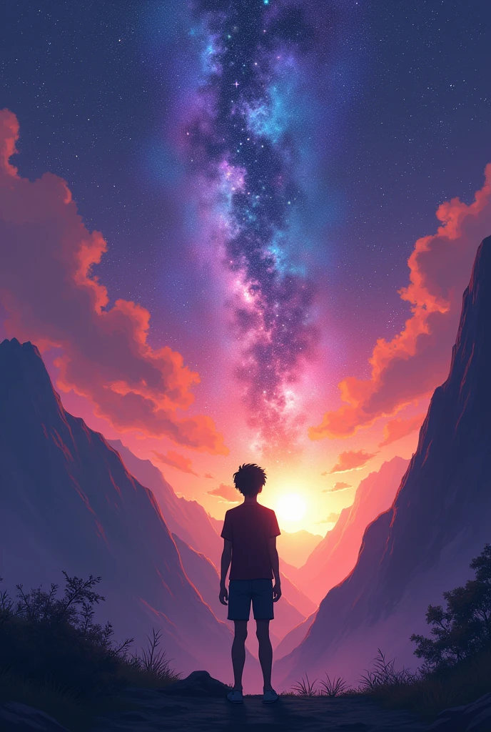 A sky looking teenager boy at space focus on background add some more colours add the sun between two mountains
