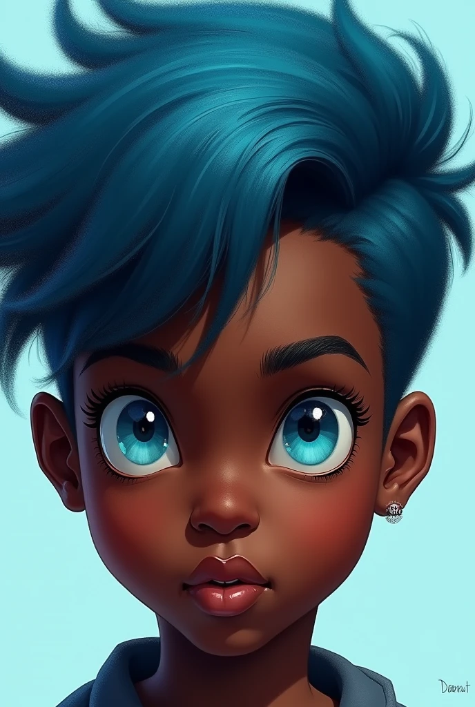 A black boy with cyan eyes and cyan blue hair