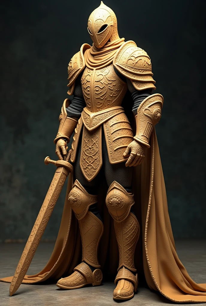 A complete suit of armor made entirely out of cookies. The armor is a medieval style of dark souls elegant and is made up of cookies and the helmet cover all the head and have a mask to protect his face and the helmet is made up cookies too. armor with high movility with a long sword medieval made up of cookies too. slim with clothes made up of cookies too