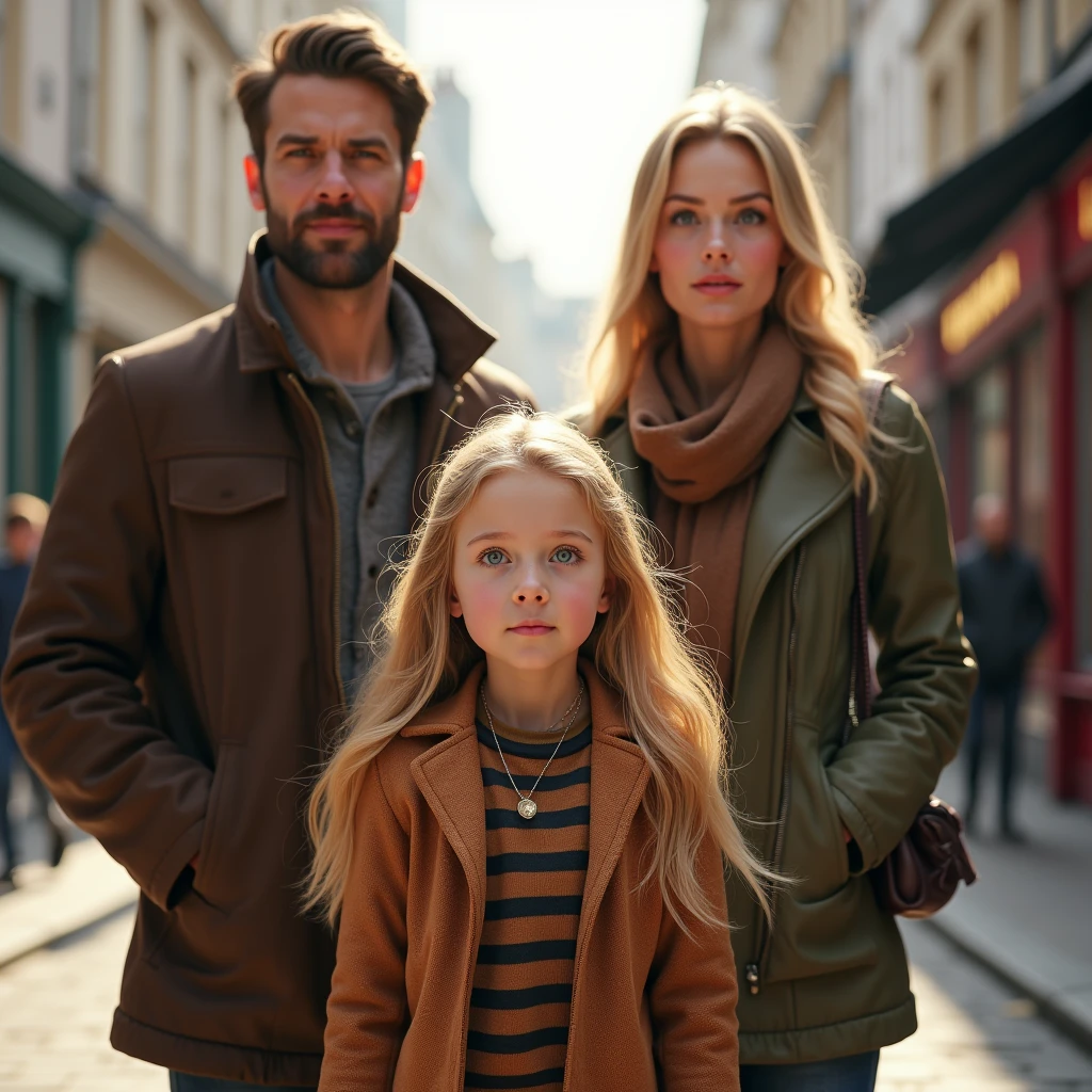 Blonde girl 8  long hair harzel eyes with your brunette dad Brown eyes  and mom Green eyes long blonde hair in London street 8k ultra realistic image 