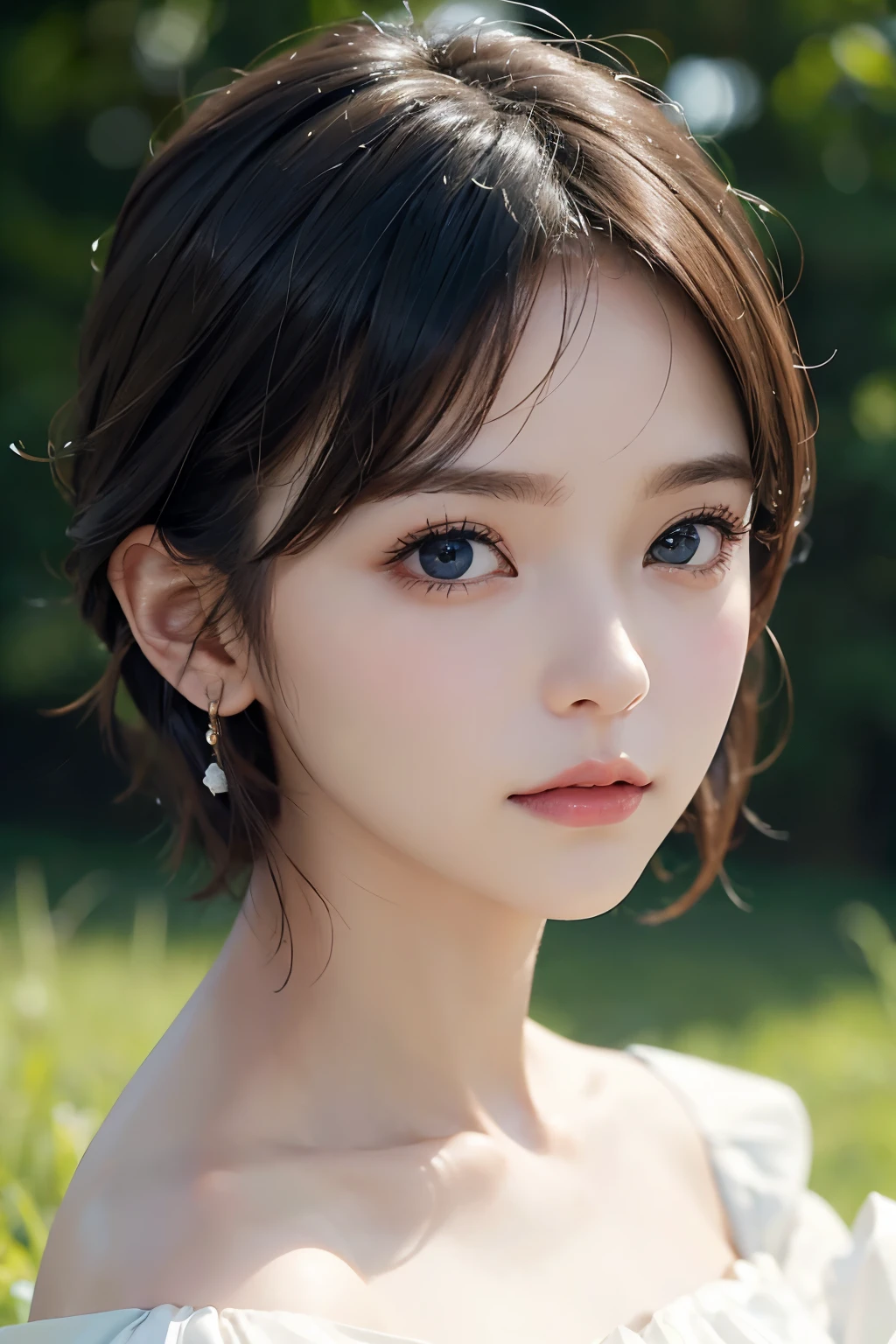 １４age、short hair、grassland、Image from chest up:1.6)、Close-up portrait of a woman wearing a white off-the-shoulder dress and earrings, Soft Portrait Shot 8k, Nice delicate face, High-quality 4K portraits, High-quality portraits, Soft and perfect white skin, 8k highly detailed face, Beautiful delicate face, Beautiful light big eyes, 美しい and realistic face, 