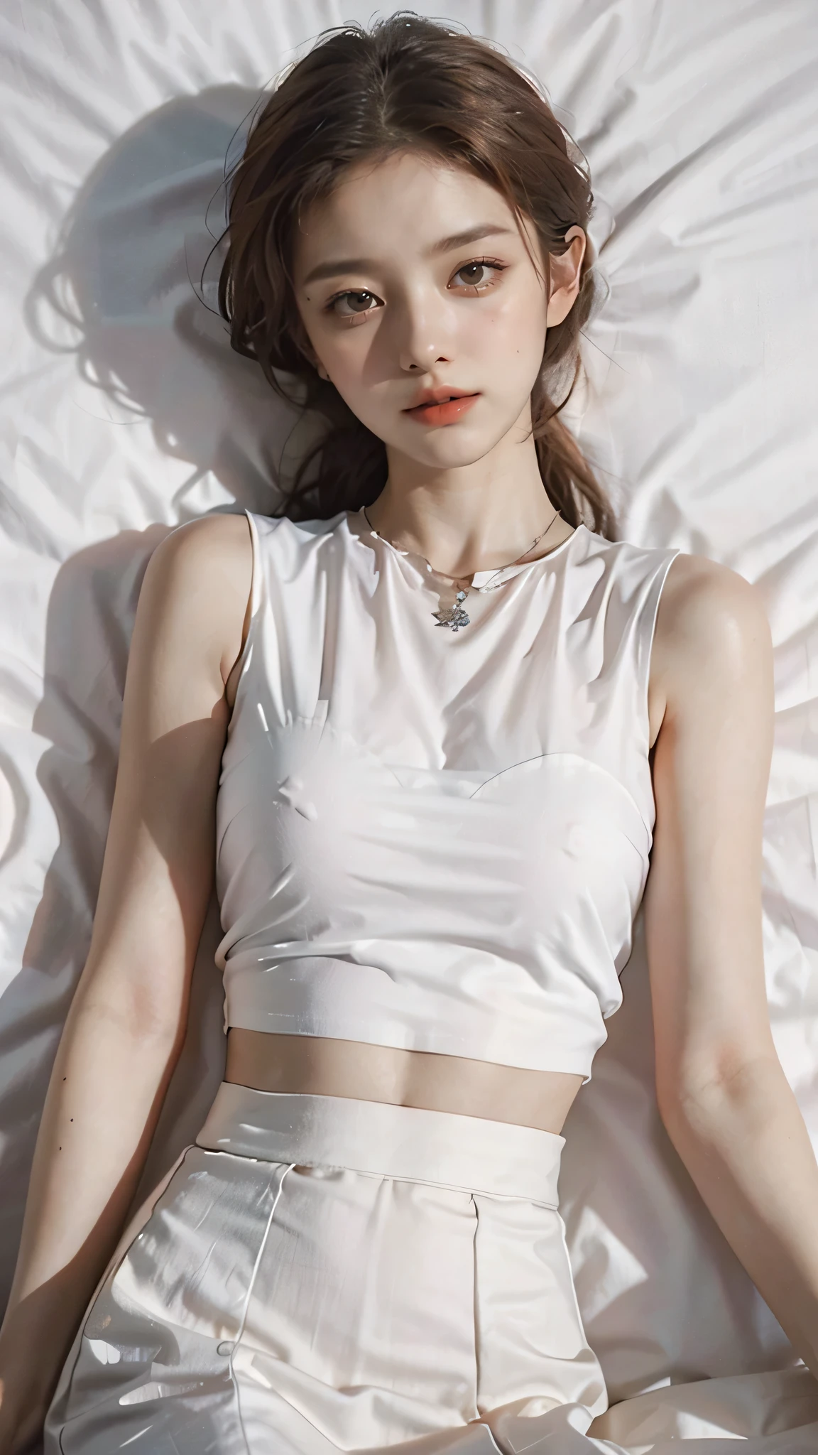 16k ultra-fine CG wallpaper, masterpiece, excellent picture quality, super delicate), (excellent light and shadow, delicate and beautiful), real smooth skin, bright face, 18K close-up perfect display, , cute, girl wearing exquisite sleeveless shirt and long skirt, lying prone on the white big bed, colorful jewel-like eyes, sharp jawline