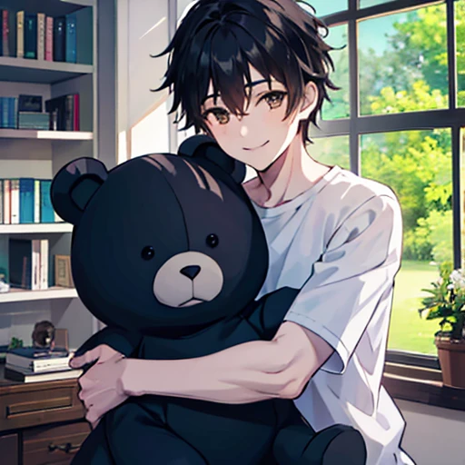 1 boy, he hugs a big teddy bear, Upper body shot only, Black short hair, He is wearing a white shirt, He smiles gently., Bed, Bookshelf, ornamental foliage plant