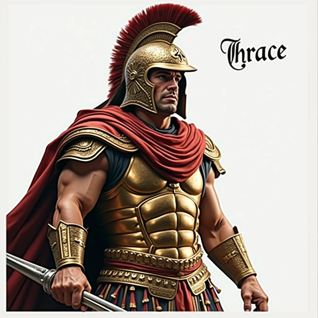 ( photographie ; ultra-réaliste ; ultra-détailé ) Armée de thrace dans la grèce antique portant des armures dorées reflétant la lumière, des tissus noirs, munie de leurs lances d'argents et leurs bouclier dorés, ils chargent vers les ennemies à pied ou à cheval, sur un champ de bataille apocalyptique dévasté. En arrière plan on aperçoit la ville de Troies en feu. Il est écrit "Thrace" dans le ciel en lettre gothique