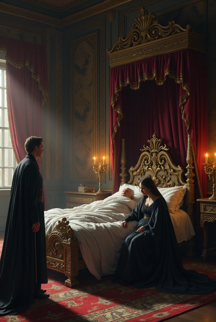 In the shadows of a large palace room, the environment is surrounded by an aura of melancholy and concern. Soft light from candles and lanterns creates a play of shadows on the richly tapestry walls and polished wood furniture.. The king&#39;s bed, a magnificent piece with canopy, is surrounded by velvet and brocade fabrics, reflecting the luxury of healthier times.

the king, looking haggard and pale, rests in bed with eyes closed, your breathing is weak and irregular. Your figure, once imposing and full of authority, now looks vulnerable and tiny. He is covered in heavy blankets, which contrast with the fragile appearance of his weakened body.

Beside the bed, the queen sits on a low chair, your posture is one of pain and sadness, with his head slightly bowed as he tenderly holds the king&#39;s hand. Your mourning dress, a combination of black and silver, adds a touch of solemnity to the environment. Their eyes, flooded with tears, do not stray from the husband, as if wanting to absorb every remaining moment by your side.

Behind the queen, The Prince, who is still young, observes the scene with an expression of uncertainty and fear. He is standing, dressed in formal attire, but his face is a mixture of sadness and growing responsibility. Your shoulders are tense, as if trying to bear the weight of not only the present situation, but also of the burden of the future that is about to be assumed.

the king, with visible effort, abre os olhos e encara The Prince com um olhar cheio de significado. Your lips move slowly, and your voice, although weak, carries an inherent authority. He makes a subtle gesture, uma espécie de convocação para que The Prince se aproxime. The prince steps forward, the insecurity in his gaze mixes with the determination to accept the weight of the unspoken words.f