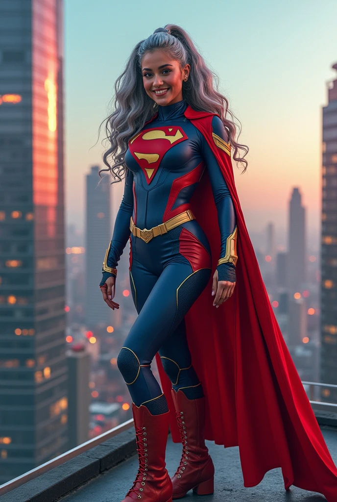 A beautiful youthful looking American version of Ariana Grande as a 50 years old woman with long her completely gray hair in a big curls styles as a retired American inspired superhero wearing her costume suit witch looks like a comic superhero suit again for a photoshoot on top of a skyscraper with a future looking big city skyline in the background she is smiling for the camera