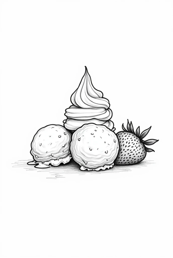 Best Quality, High resolution, masterpiece:1.2, ultra detailed, realist :1.37. , White background, monochrome, Line drawing, Sketch., Make sure the lines are clear and well defined for easy coloring.. vanilla ice cream, chocolate and strawberry