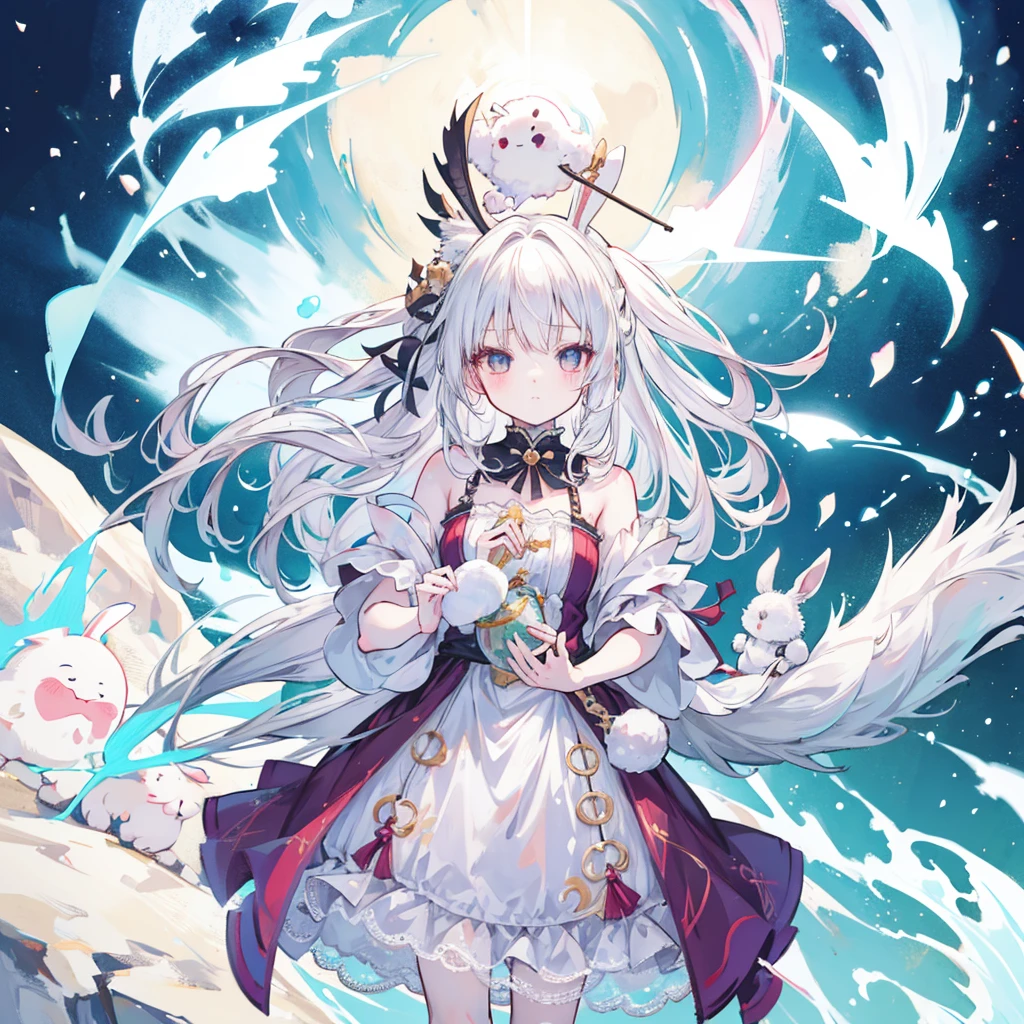 White hair girl, child,rabbit, Half Dragon