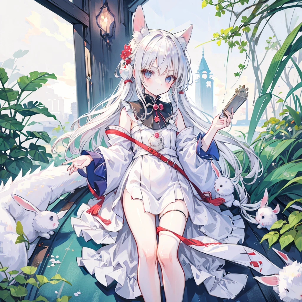 White hair girl, child,rabbit, Half Dragon