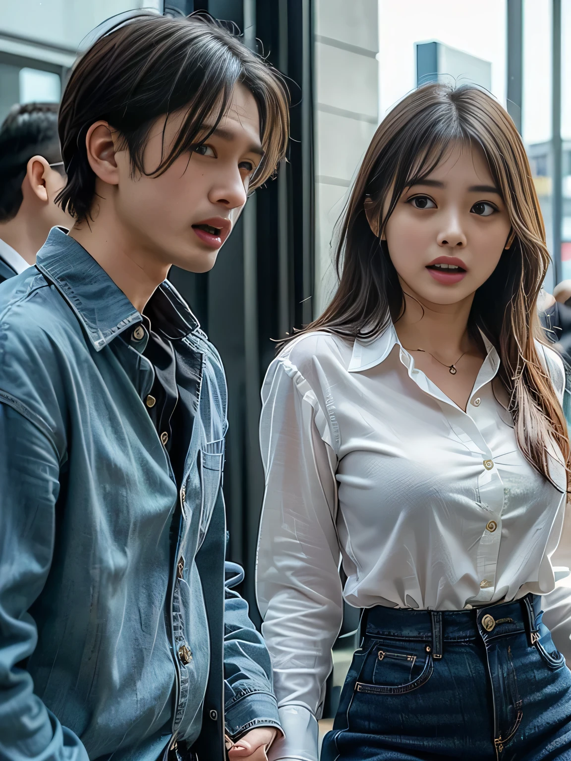 (high quality), (Realistic photos)、1 male、1 female、No audience、((An empty park:1.3))、((Young Japanese couple arguing face to face:1.4))、((Angry Japanese woman and a Japanese man trying to talk to her:1.4)) 、((White short sleeveTWoman in a shirt:1.4))、((whiteTMan in a shirt:1.4))、((A woman glares at a man:1.7))、((A woman wearing a denim skirt that accentuates her thighs:1.4))、((White short sleeveTWoman in a shirt:1.4))、((woman with scary expression:1.4))、