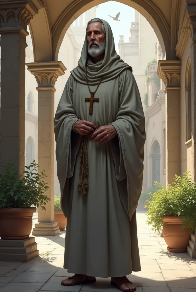 Create a monk of the roman Catholic Church, in a "light" gray robe attire. #Medieval *More Please*