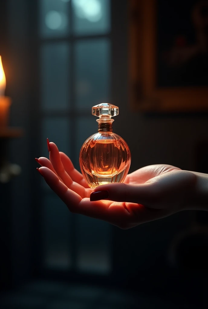 Hand holding an elegant perfume in dark tones