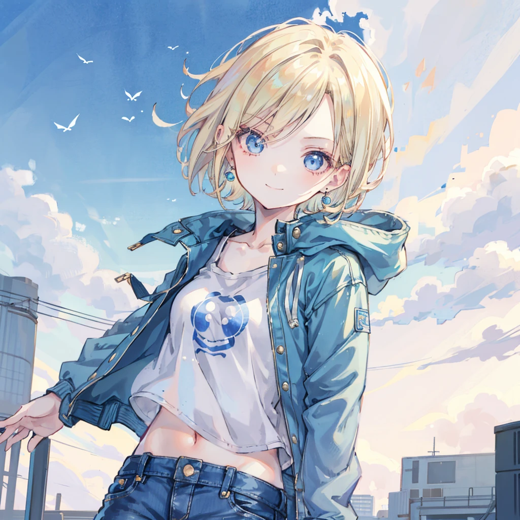 1 Girl, Solitary, android 18, Blonde Hair, blue eyes, short hair, Jewelry, earrings, Smile, jacket, looking off to the side, denim, denim jacket, Upper Body, underwear, Shut up, cloud, sky空, sky, Look away, blue sky空, collarb,