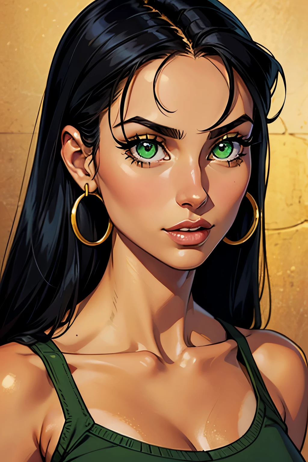 One italian girl, tanned, black hair, straight hair, light green eyes, eyelashes, retrato, golden hoop earrings, small breasts