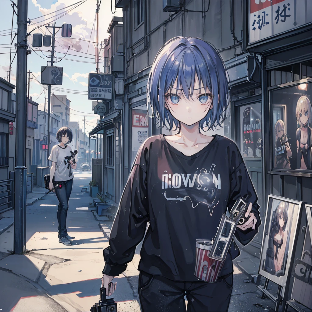 photo, (Reality: 1.4), (Surrealism: 1.4), (Movie: 1.5), Female in her 20s, Japan, Woman with a gun, (Desert Eagle), Nikita, night, Blu-ray, nervous, short hair, Holding the gun with both hands, basement, Black T-shirt, Wires on the wall, water pipe