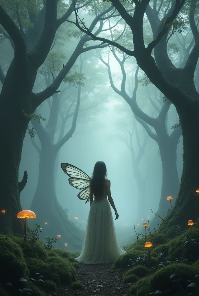 grey forest image for fairy tale story and fairy turning her back in the forest