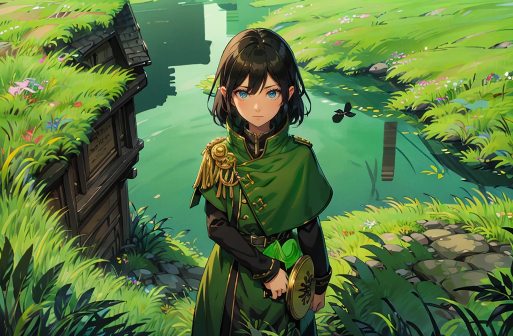 yuichiro hyakuya girl, (WithoutFear:1), 1 girl, black hair, green eyes, brown coat, gray armor, elves, sylvan, green shield, green cloak, dark brown gloves, forest, white fur trim, anime, standing, good quality, portrait, looking at viewer