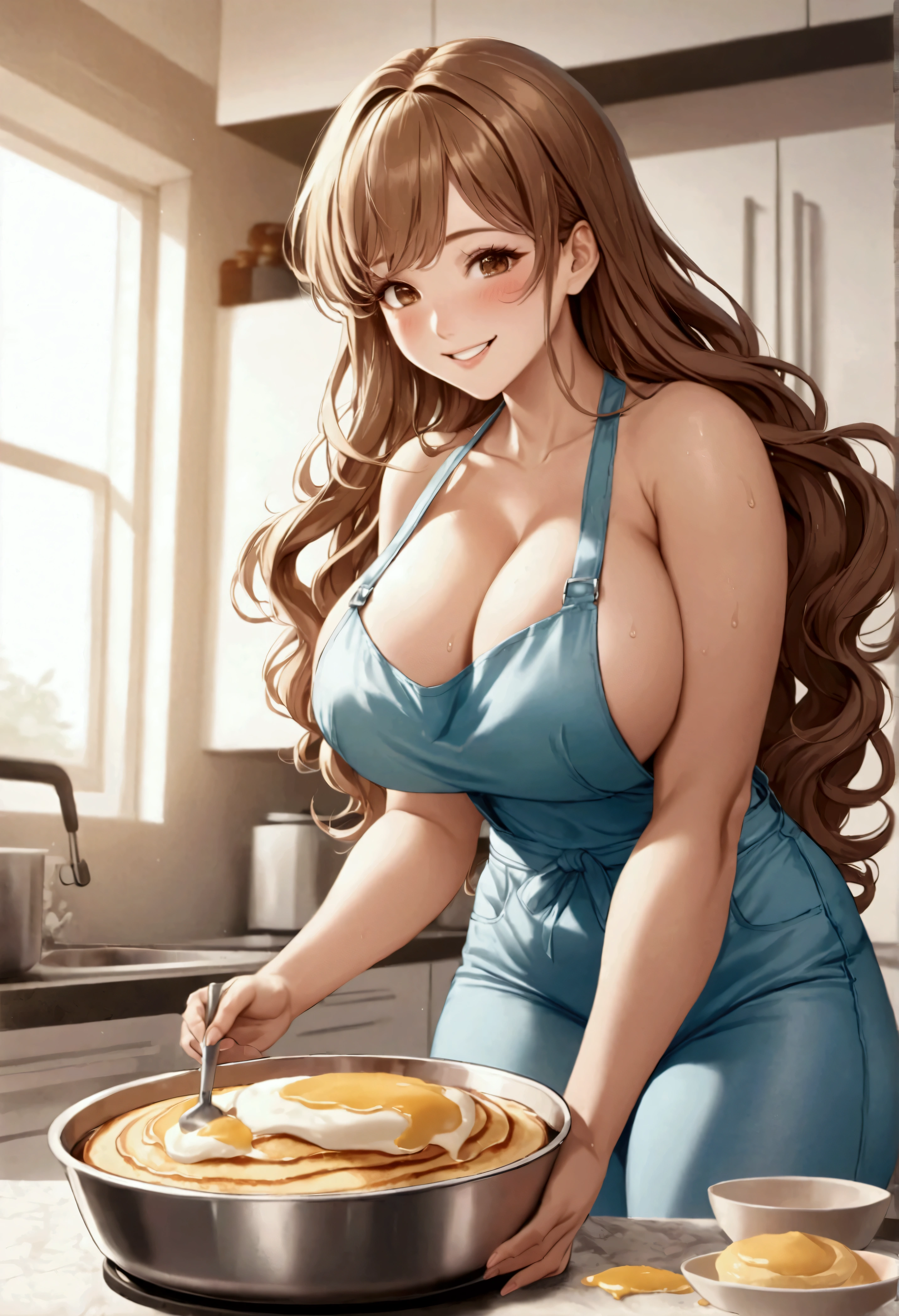 

detailed illustration, dynamic angle, ultra-detailed, illustration, 1girl, 28 year old, milf, tight pastel color apron, tight blue blue jeans, thick meaty thighs, wavy brown hair, long hair, bright brown eyes, deep cleavage, large sagging breasts, standing in a kitchen, countertop, mixing bow up pancake batter, smiling, naïve, blushing, horny, happy, joy, delight, lactating, wet spots on chest, wide hips,