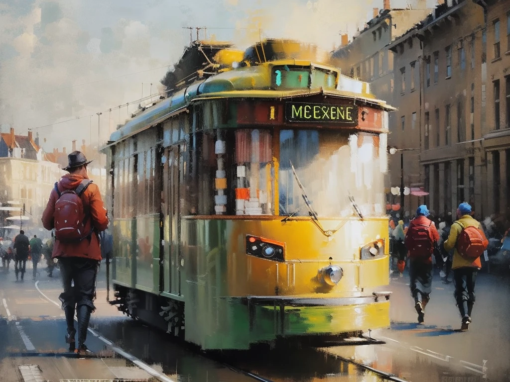 painting of a tram ((( rot ))))on a city street with people walking, por Brian Thomas, street tram, in oil painting style, by Gabor Szikszai, by Antonio Rotta, by Félix Ziem, Tram, by Alfredo Volpi, oil digital painting, Direction: Sigmund Freudenberger, Direction: Géza Mészöly,,,,AERIAL VISION