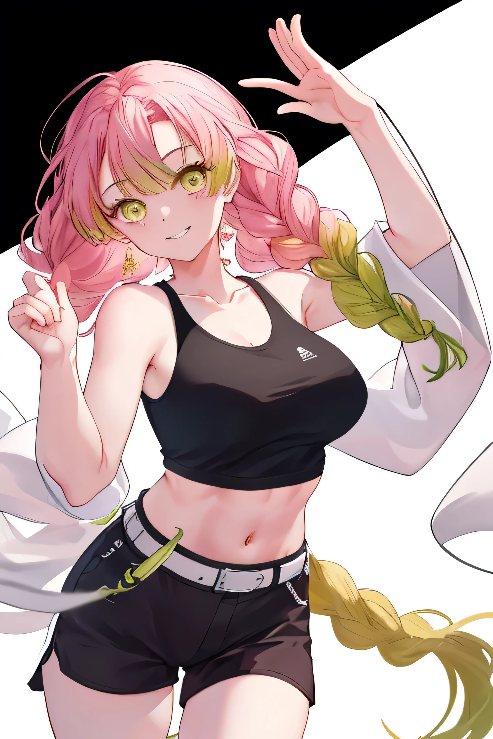 Highest quality,masterpiece,masterpiece,8k,high resolution,High pixel count,((No background,White Background)),one person女性,Mitsuri Kanroji, one person,独奏,Pink Hair,Yellow-green eyes,Big smile,Full Body ,(Drawing from head to foot),Look forward,detailed,High resolution,Bright Eyes,(long black eyelashes:1.5),Toned body,Flat stomach,Fit,Tight tank top,Low rise running shorts,Erect ns,Publs,Belly button piercing,Widps,Curvaceous,smile,Expressive,