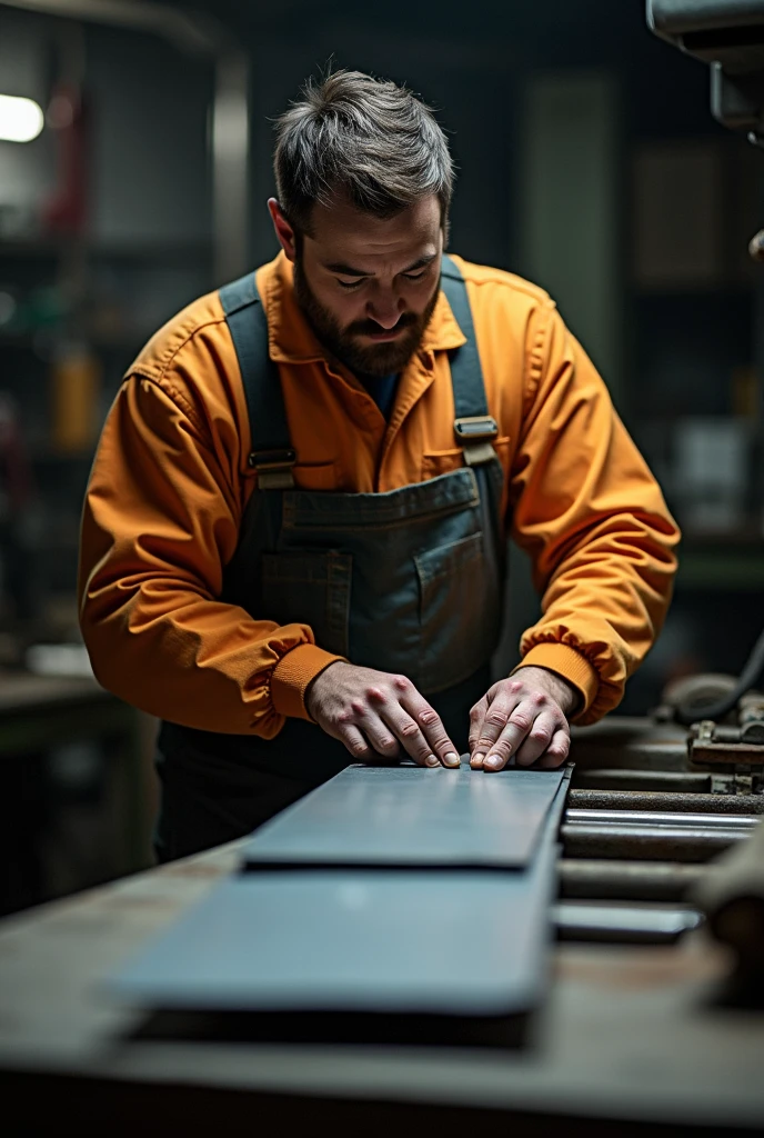 worker crimping sheet metal on a manual backstage crimping machine