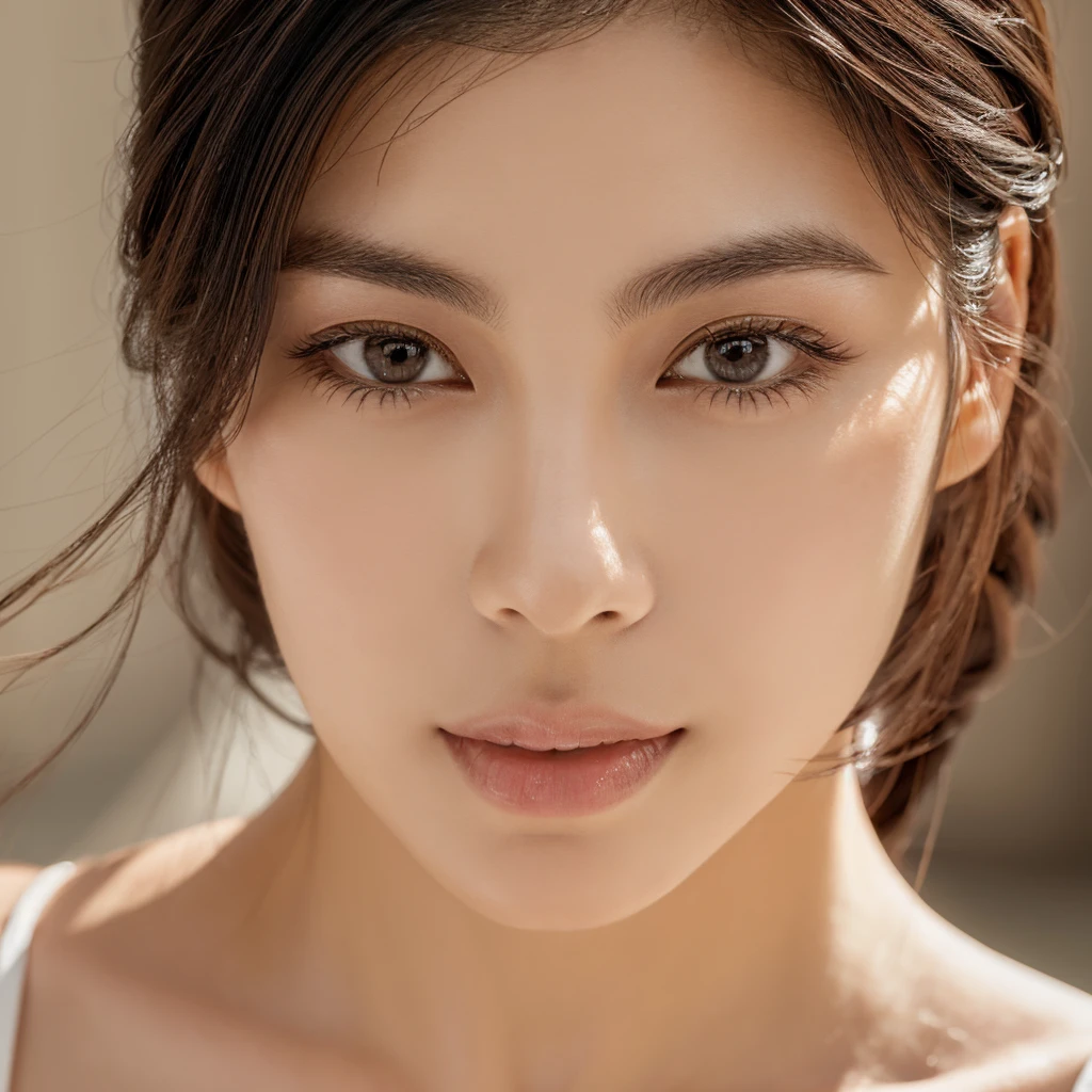 A stunningly beautiful Japanese model and actress in her early 20s, captured in a close-up 4K image that highlights her exquisite features. Her skin is flawless and lifelike, with a soft, smooth texture and a natural, warm undertone. She has straight, silky black hair framing her face, and her large, almond-shaped eyes are a deep, captivating brown, with long lashes that add to her allure. Her high cheekbones, perfectly proportioned nose, and naturally full lips create a harmonious and striking visage. The lighting is soft and natural, enhancing the realism of her skin and the subtle details of her expression. Her gaze is direct and intense, with a hint of a mysterious smile that exudes both elegance and confidence. This 4K image captures the essence of an absolute beauty, with every detail rendered in stunning clarity.