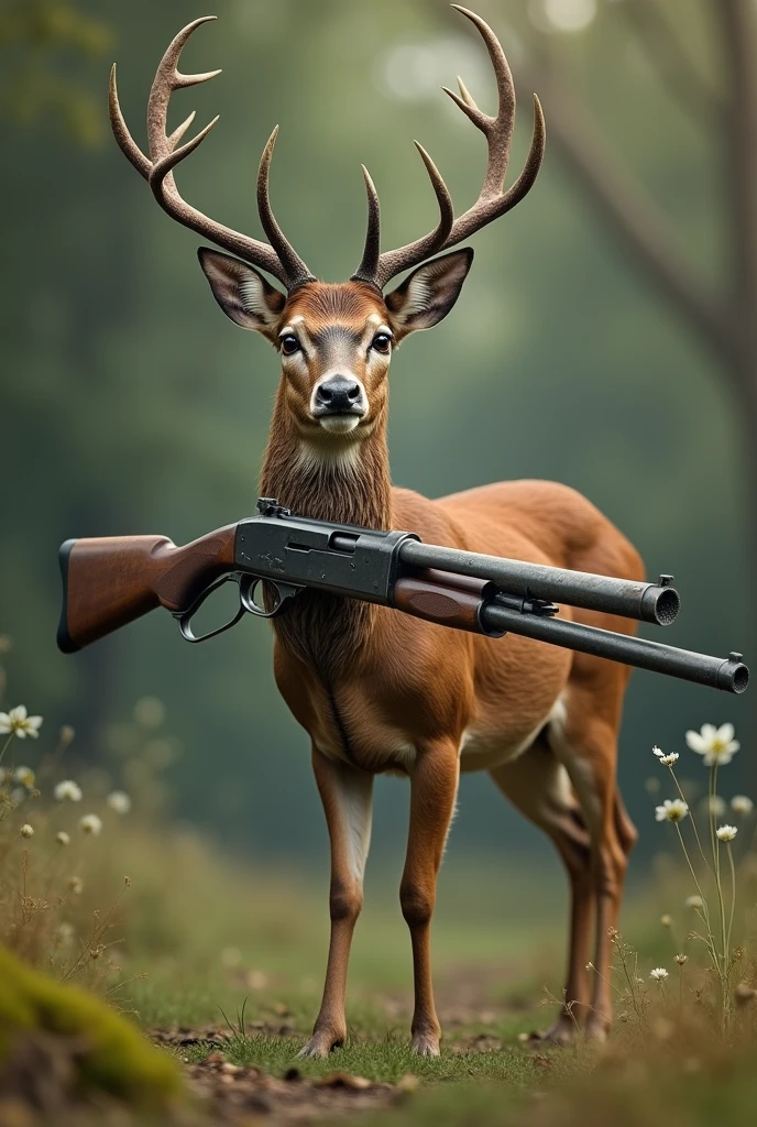 A deer with a shotgun in his hand