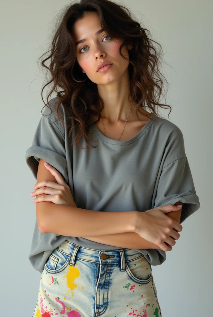 A brunette woman, with curly hair/wavy with some frizz, blue-gray eyes, penetrating. Wearing light-colored jeans with paint marks all over them, the primary colors, and a loose gray t-shirt and an engineering boot