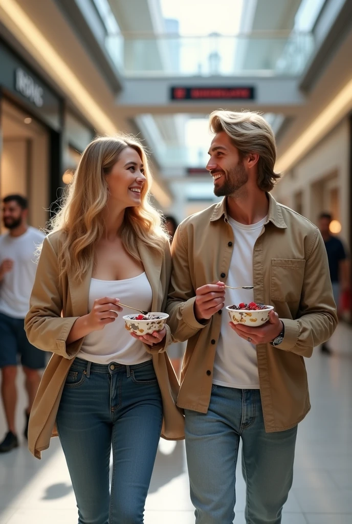 Realistic man and wife 25-35 years old, At the mall, blonde hair eating açaí , with friends Ultra HD, high qualiy, best qualityer, high resolution, 8k, 16K