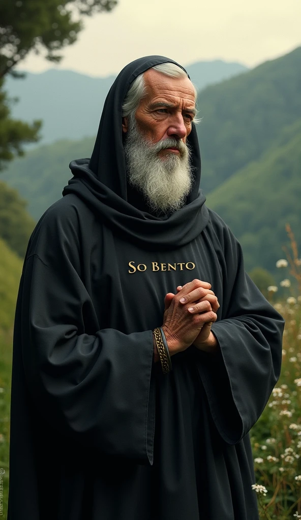 Create a beautiful and ultra realistic image of Saint Benedict and write on the image the title Prayer of Saint Benedict. Write the word São Bento over the image