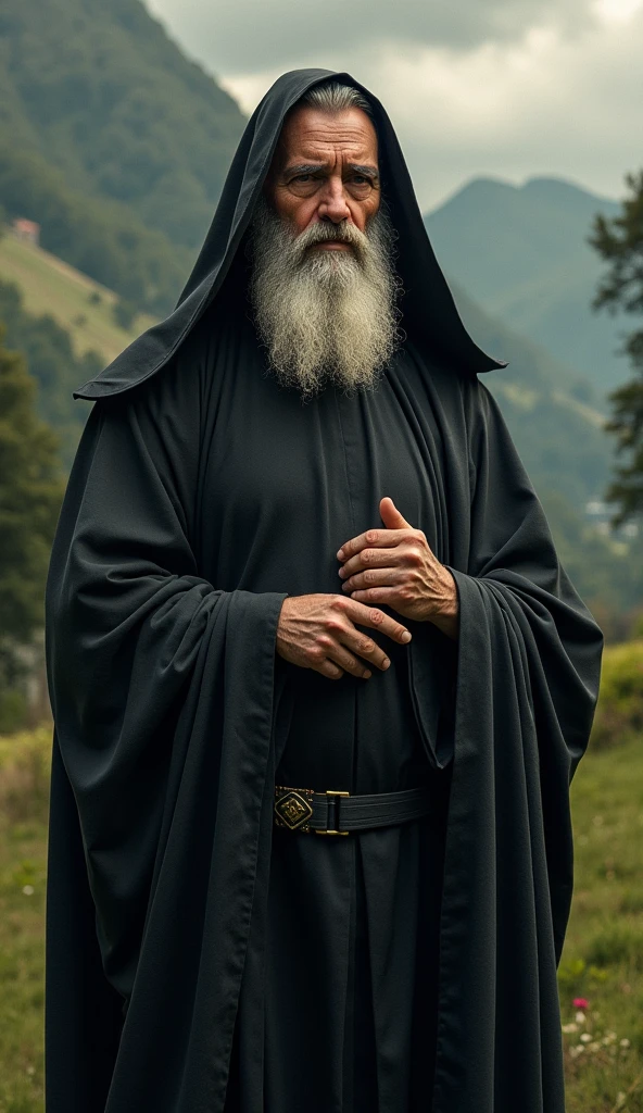 Create a beautiful and ultra realistic image of Saint Benedict and write on the image the title Prayer of Saint Benedict. Write the word São Bento over the image