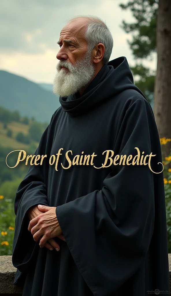 Create a beautiful and ultra realistic image of Saint Benedict and write on the image the title Prayer of Saint Benedict. Write the word São Bento over the image