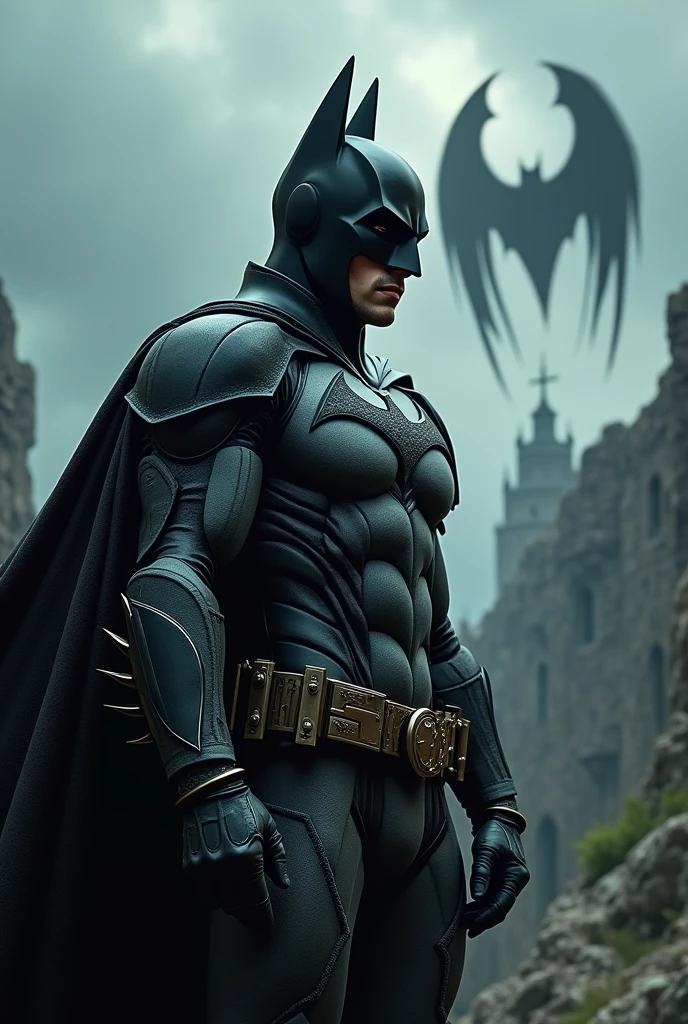 "Batman in a dark fantasy setting, with a dark and gothic atmosphere. The hero is in a medieval environment, with ruined castles and a desolate landscape. He wears detailed black armor, with fantasy elements such as torn capes and adornments of metal. The sky is cloudy, with rays of light filtering through the clouds. The bat-signal is a ghostly image in the sky.