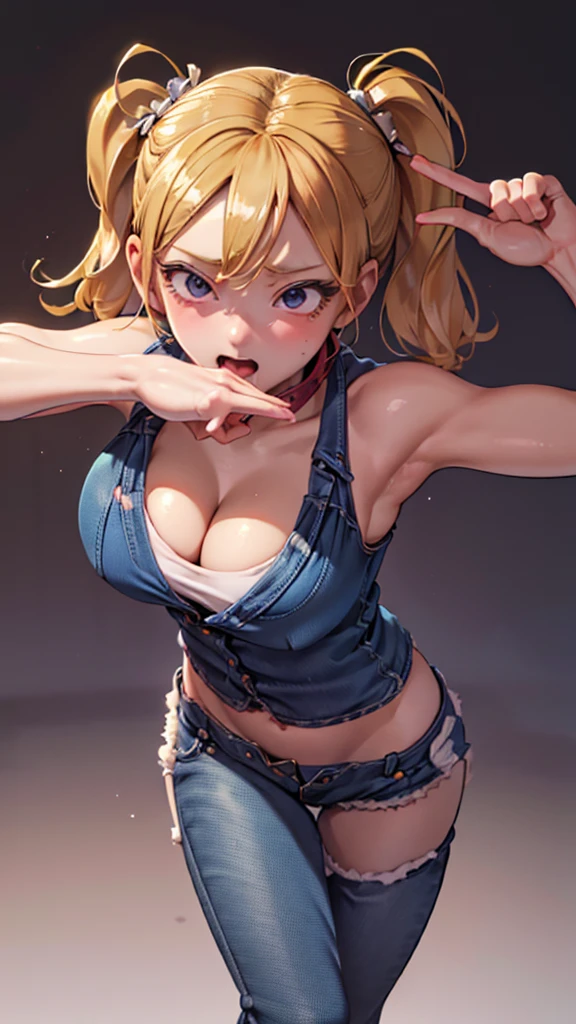 ((MangabiRumiko)), (masterpiece), best quality, expressive eyes, perfect face, highres, (8k), (perfect face), (ultra details), 1 girl, solo, large breasts,protruding erect nipples,terry bogard girl,blue and oink pugtails, tattooed,blonde hair,blue and pink twintails, gray eyes, long hair,, fingerless gloves, denim shorts, shoes, blushing, frightened, anguished, open-mouthed, room background, no posing, standing, portrait, looking herself