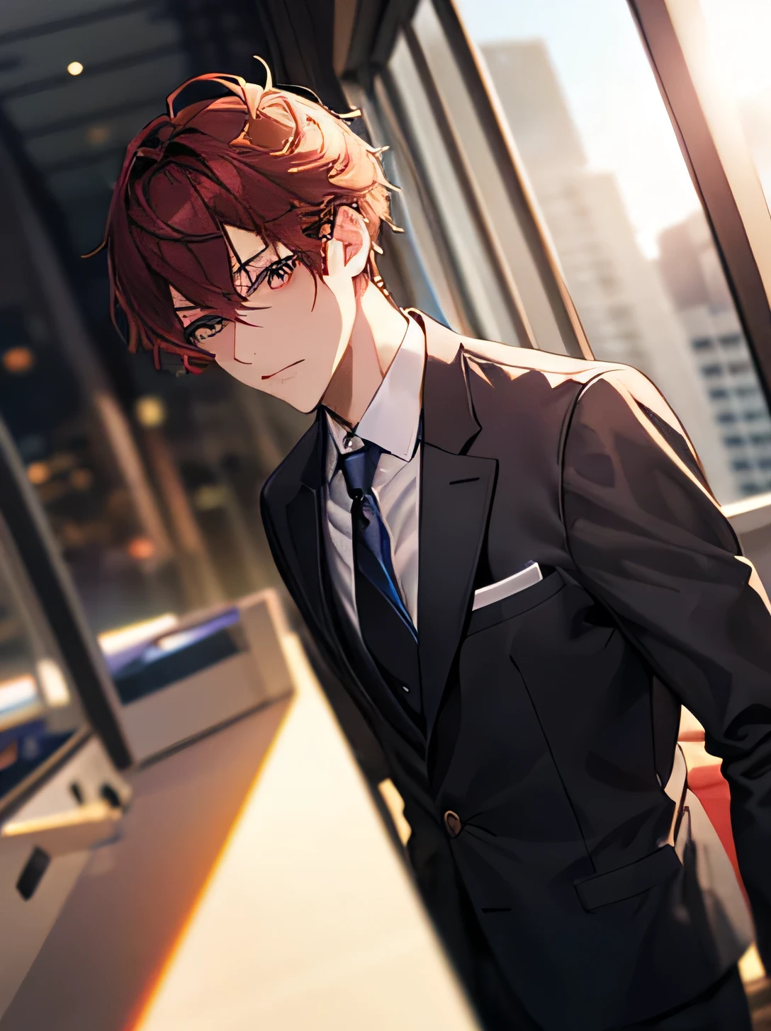 1 chico, facial focus, adult, dark red hair, Business suit, jacket, White shirt, tie, pants, Best Quality, Hiring, detailed face, Office, buildings from the window, detailed background, diffuse sunlight, depth of field, bokeh