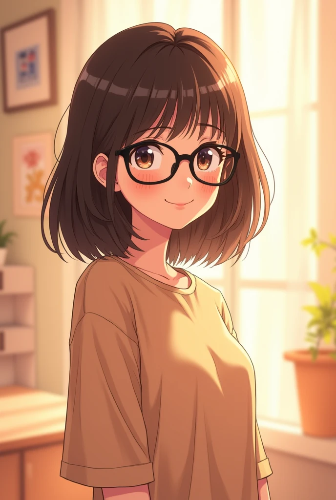 A 32-year-old mother,  who wears black glasses, young appearance, medium short brown hair not so dark and cut in layers. Very kind and affectionate, in anime version.o Fanart