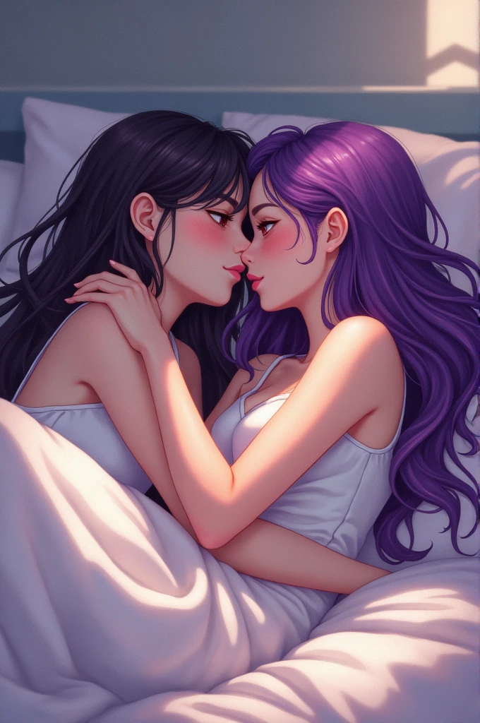Girl with multi-colored rainbow hair, skinny white skin and pink eyes, kissing another girl with purple hair with black highlights, purples eyes, thin and white in a room lying on the bed.