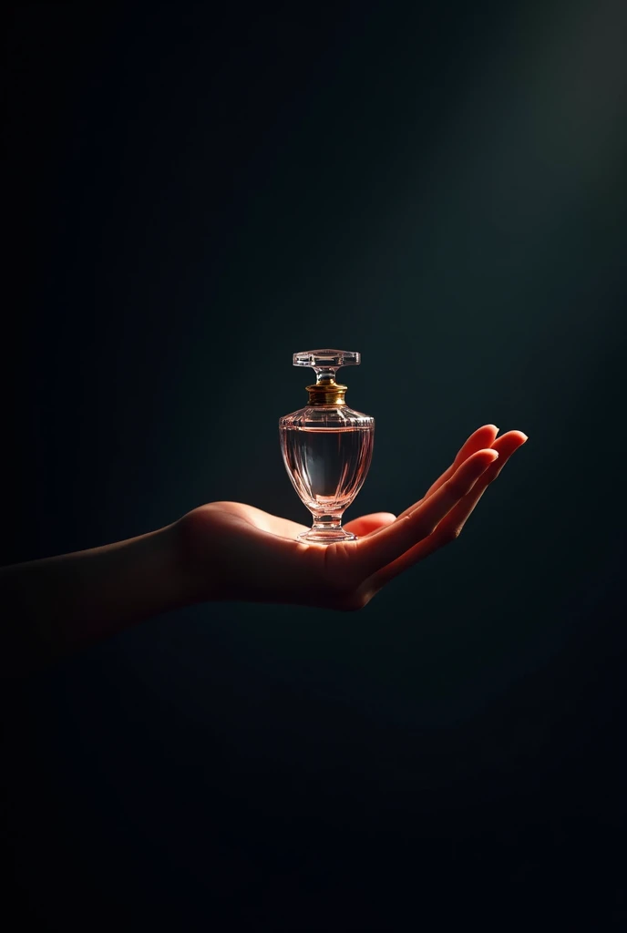 Hand holding an elegant elongated perfume in dark tones